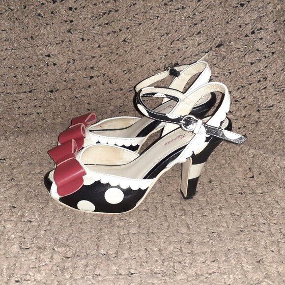 LOLA RAMONA-Angie-Rockabilly/Retro-Black/White Polka Dot-Red Bow-Sz 37-Excellent - Picture 2 of 8